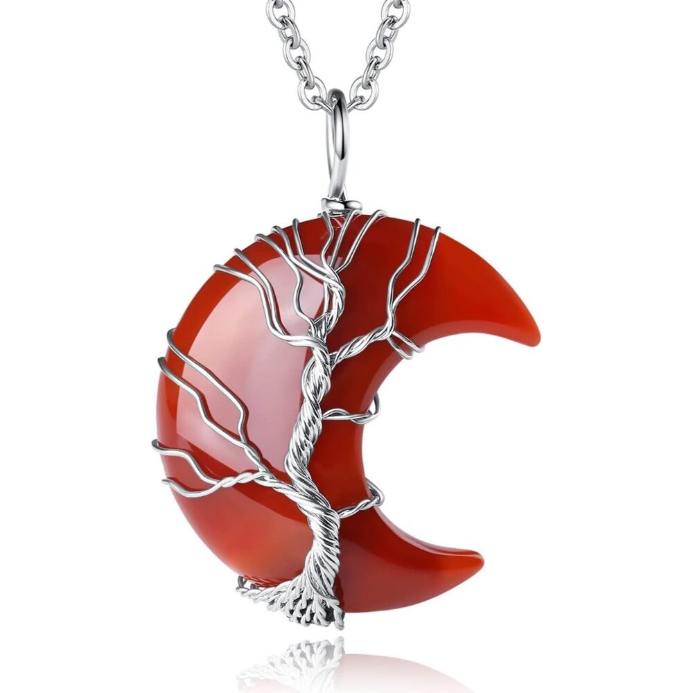 Women's Red Natural Crystal Moon Crescent Tree Wire Wrapped Gemstone Necklace